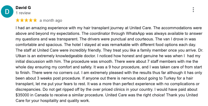 Canadian hair transplant patient review who had hair transplant in Turkey, UnitedCare Clinic