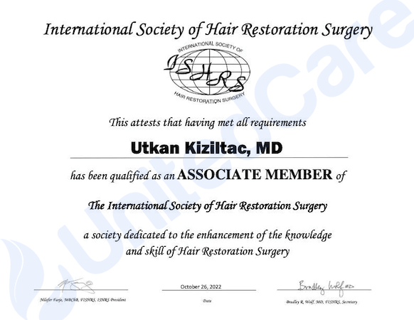 Dr. Utkan Kiziltac ISHRS Assoc. Membership Certificate