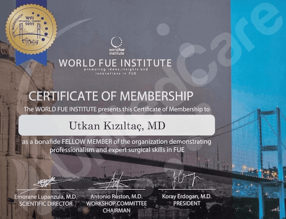 Сертификат о вступлении в члены Всемирного института FUE доктора Уткана Кызылтача